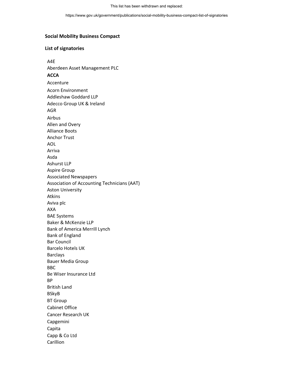 Social Mobility Business Compact List of Signatories A4E Aberdeen Asset