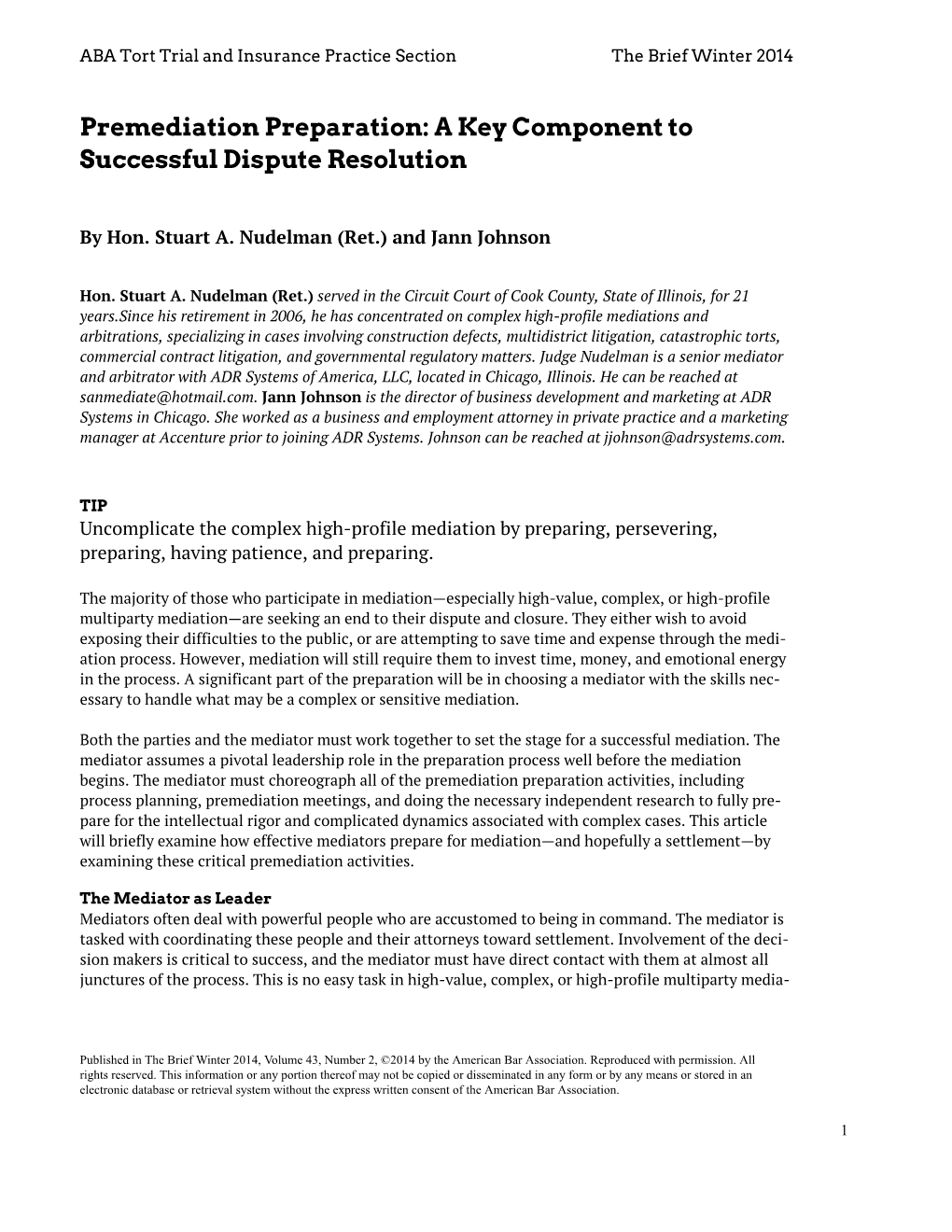 Premediation Preparation: a Key Component to Successful Dispute Resolution