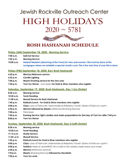 Erev Rosh Hashanah Saturday, September 19, 2020