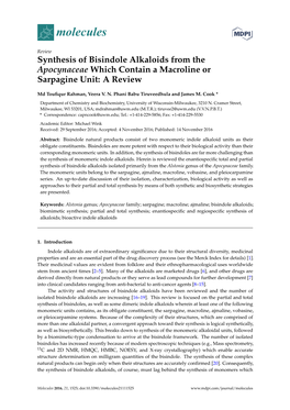Synthesis of Bisindole Alkaloids from the Apocynaceae Which Contain a Macroline Or Sarpagine Unit: a Review