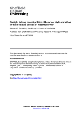 Straight Talking Honest Politics: Rhetorical Style and Ethos in the Mediated Politics of Metamodernity