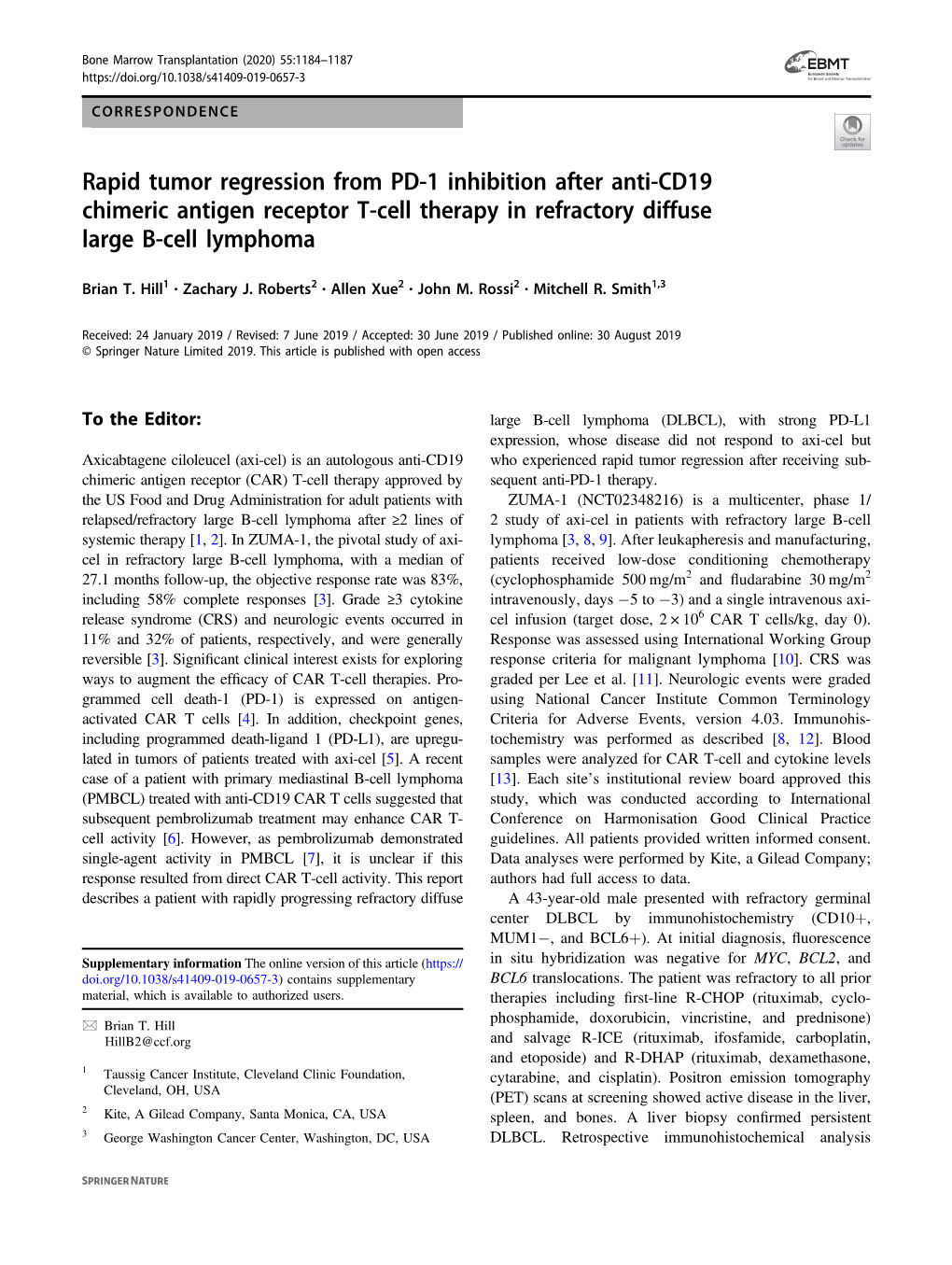 Rapid Tumor Regression From Pd 1 Inhibition After Anti Cd19 Chimeric Antigen Receptor T Cell