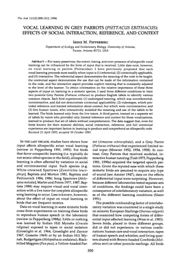 Vocal Learning in Grey Parrots (Psittacus Erithacus): Effects of Social Interaction, Reference, and Context