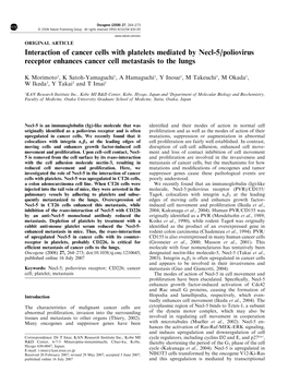 Interaction of Cancer Cells with Platelets Mediated by Necl-5/Poliovirus Receptor Enhances Cancer Cell Metastasis to the Lungs