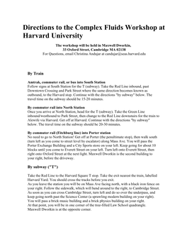Directions to the Complex Fluids Workshop at Harvard University