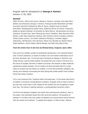 Program Note for Retrospective on George A. Romero January 11-26, 2003