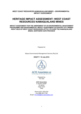Heritage Impact Assessment: West Coast Resources Namaqualand Mines