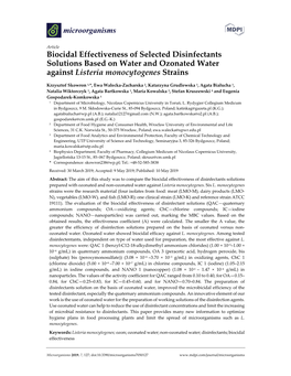 Biocidal Effectiveness of Selected Disinfectants Solutions Based on Water and Ozonated Water Against Listeria Monocytogenes Strains