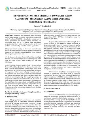 Development of High Strength to Weight Ratio Aluminium – Magnesium Alloy with Enhanced Corrosion Resistance