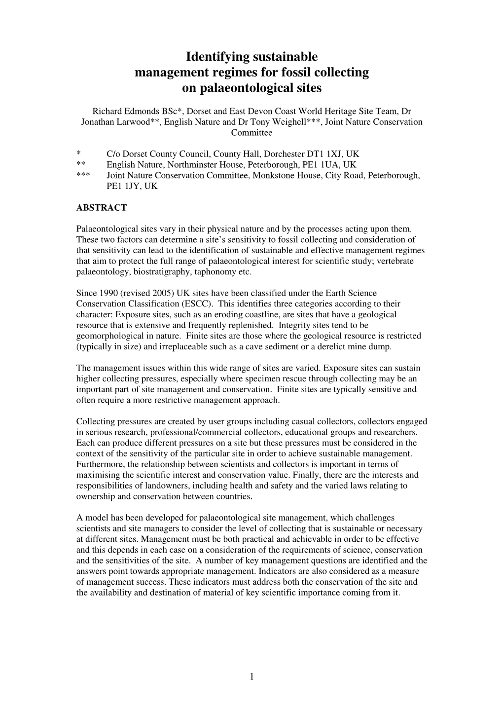 Identifying Sustainable Management Regimes for Fossil Collecting on Palaeontological Sites