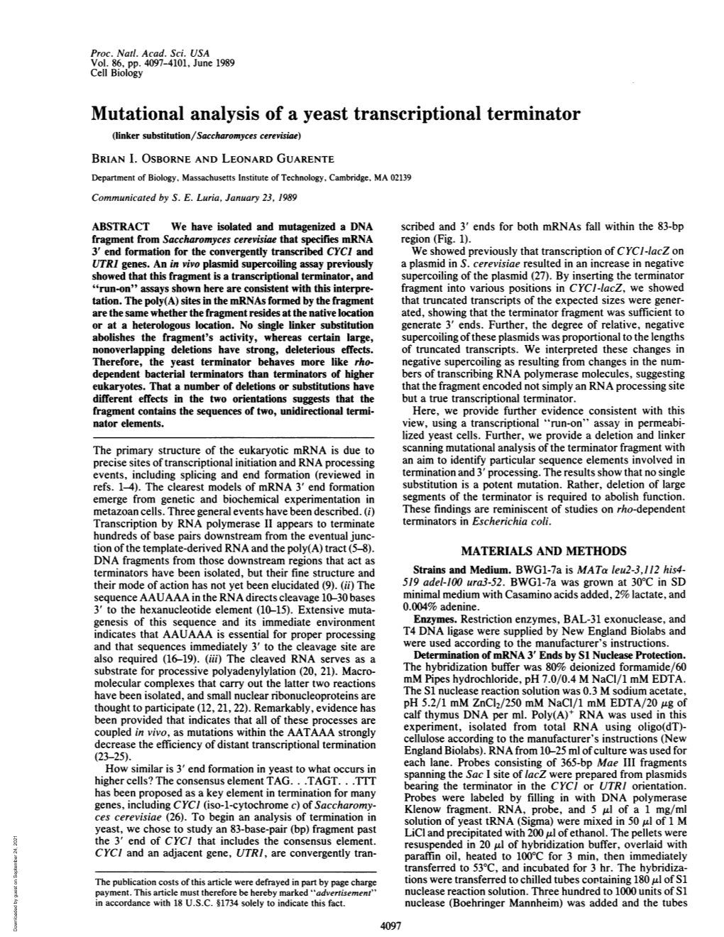 Mutational Analysis of a Yeast Transcriptional Terminator (Linker Substitution/Saccharomyces Cerevisiae) BRIAN I