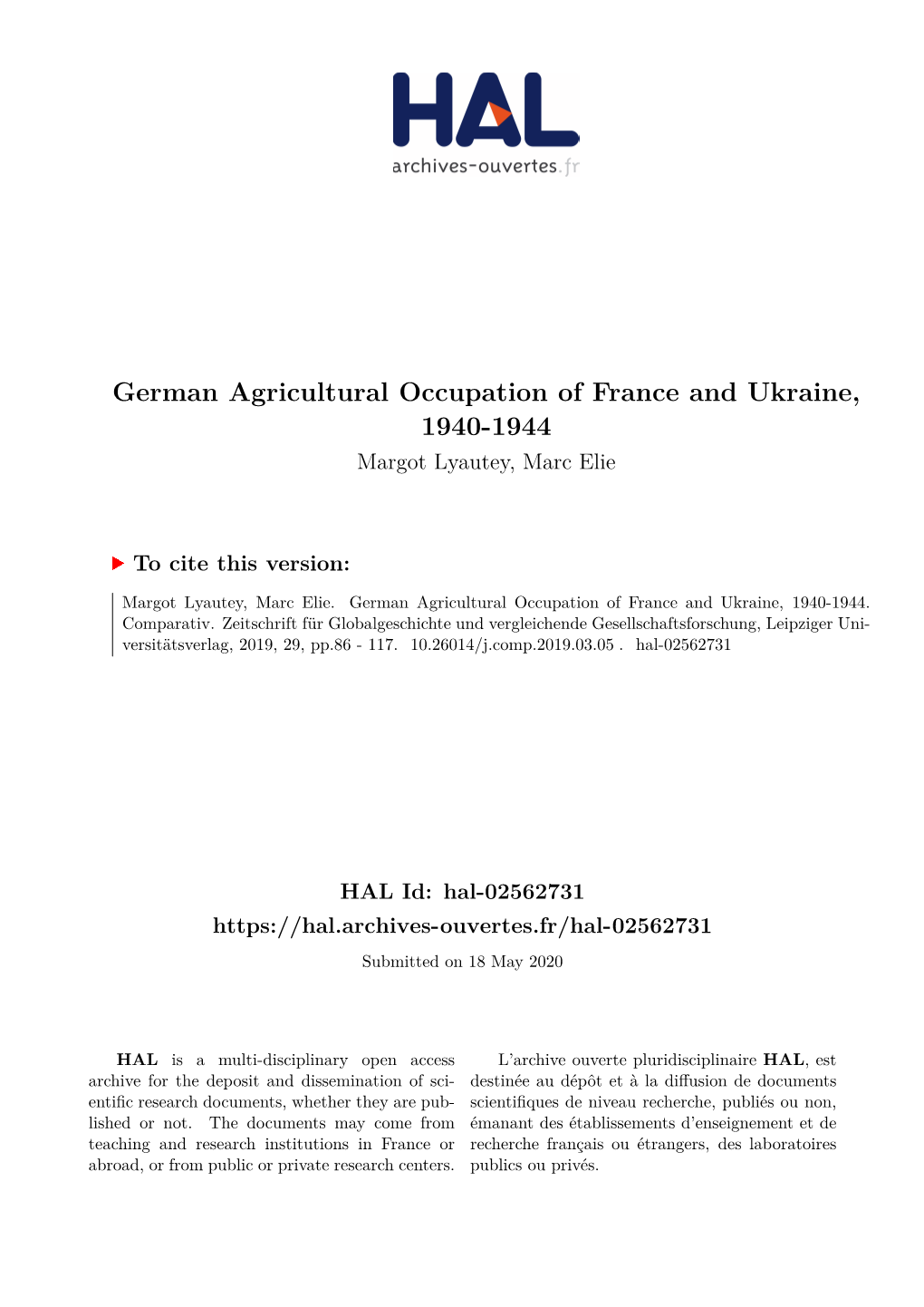 German Agricultural Occupation of France and Ukraine, 1940-1944 Margot Lyautey, Marc Elie