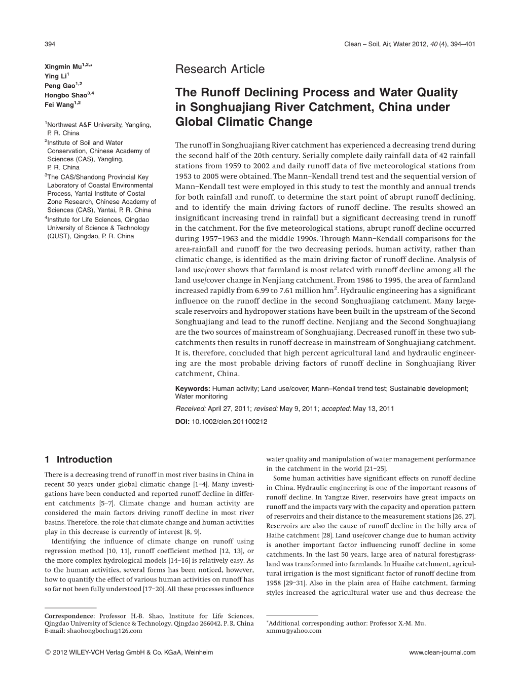 The Runoff Declining Process and Water Quality in Songhuajiang River Catchment 395 Runoff [32, 33]