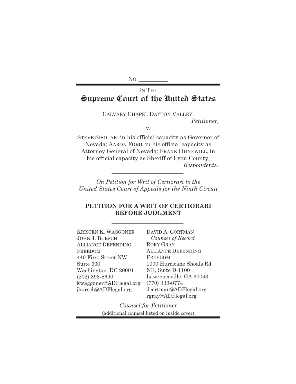 Calvary Chapel Dayton Valley V. Sisolak, Application for an Injunction Pending Appellate Review Denied July 24, 2020