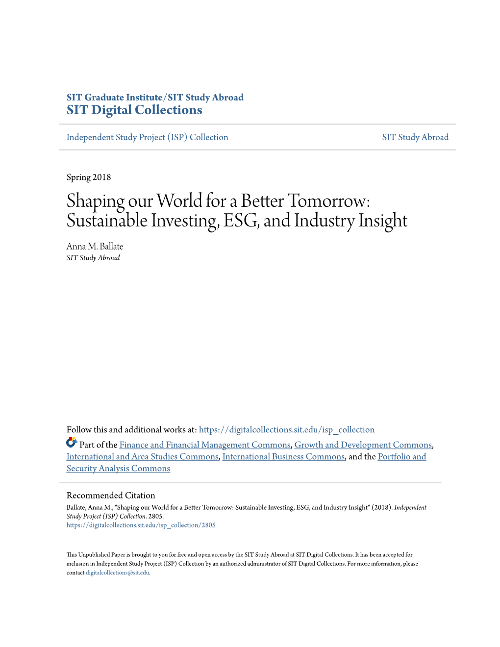 Sustainable Investing, ESG, and Industry Insight Anna M