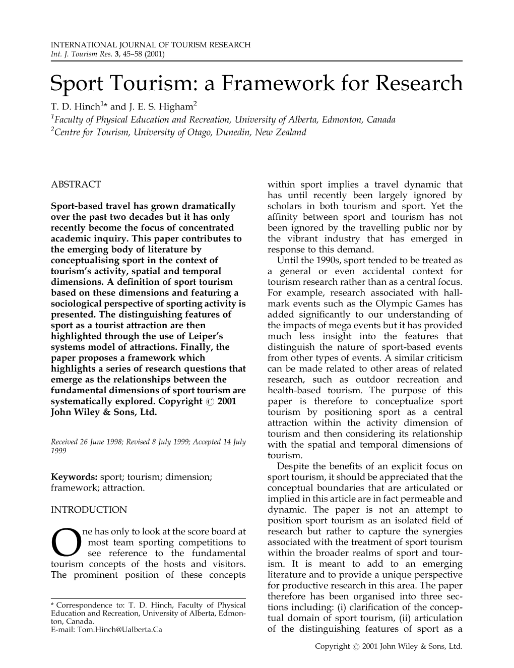 Sport Tourism: a Framework for Research