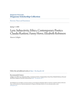 Lyric Subjectivity, Ethics, Contemporary Poetics: Claudia Rankine, Fanny Howe, Elizabeth Robinson Maureen Gallagher