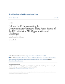 Principle of the Rome Statute of the Icc Within the African Union: Opportunities and Challenges