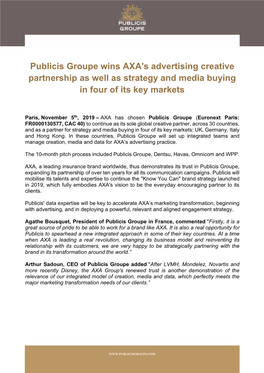 Publicis Groupe Wins AXA's Advertising Creative Partnership As Well As Strategy and Media Buying in Four of Its Key Markets