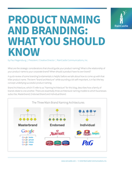 PRODUCT NAMING and BRANDING: WHAT YOU SHOULD KNOW by Paul Regensburg | President / Creative Director | Raincastle Communications, Inc