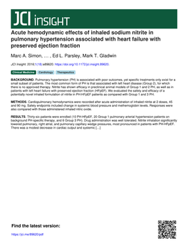 Acute Hemodynamic Effects of Inhaled Sodium Nitrite in Pulmonary Hypertension Associated with Heart Failure with Preserved Ejection Fraction