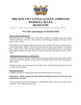 2009 NEW CITY LITTLE LEAGUE APPROVED BASEBALL RULES (Revised 3/11/09)