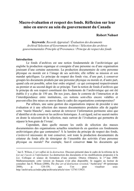 Macro-Évaluation Et Respect Des Fonds. Réflexion Sur Leur Mise En Œuvre Au Sein Du Gouvernement Du Canada