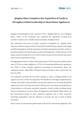 Qingdao Haier Completes the Acquisition of Candy to Strengthen Global Leadership in Smart Home Appliances