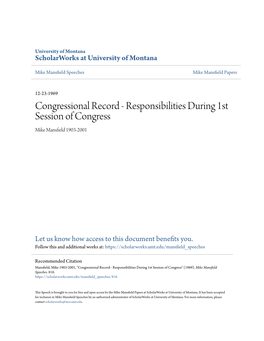 Congressional Record - Responsibilities During 1St Session of Congress Mike Mansfield 1903-2001