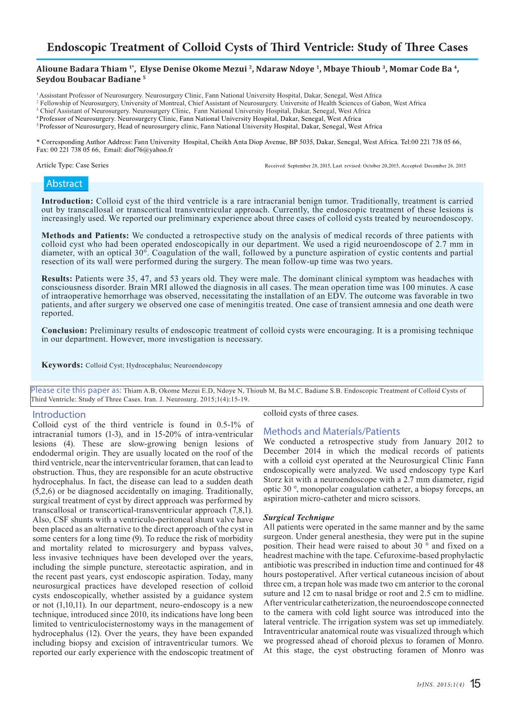 Endoscopic Treatment of Colloid Cysts of Third Ventricle