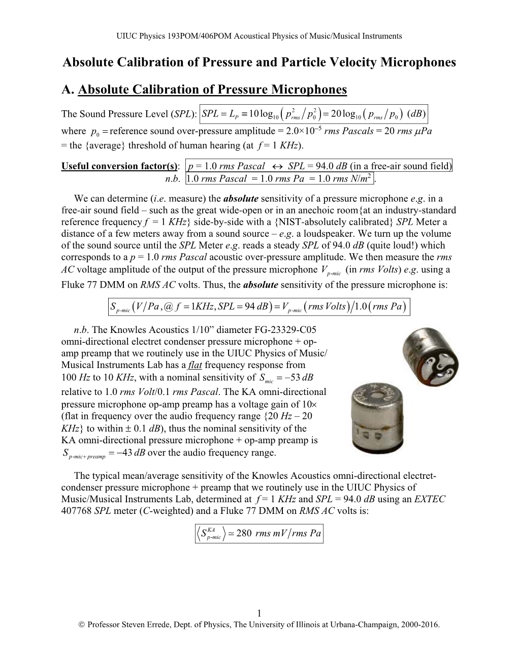 Absolute Calibration of Pressure and Particle Velocity Microphones A