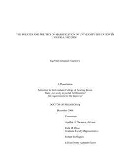 The Policies and Politics of Massification of University Education in Nigeria, 1952-2000