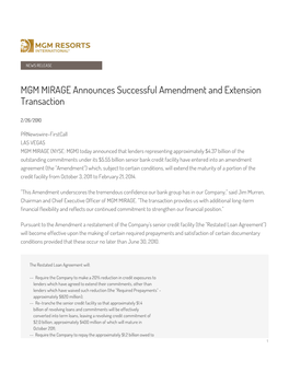 MGM MIRAGE Announces Successful Amendment and Extension Transaction