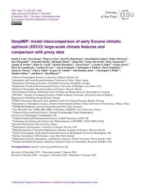 Deepmip: Model Intercomparison of Early Eocene Climatic Optimum (EECO) Large-Scale Climate Features and Comparison with Proxy Data