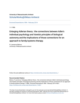 Enlarging Adlerian Theory : the Connections Between Adler's Individual Psychology and Varela's Principles of Biological
