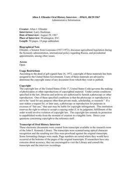 Allen J. Ellender Oral History Interview – JFK#1, 08/29/1967 Administrative Information