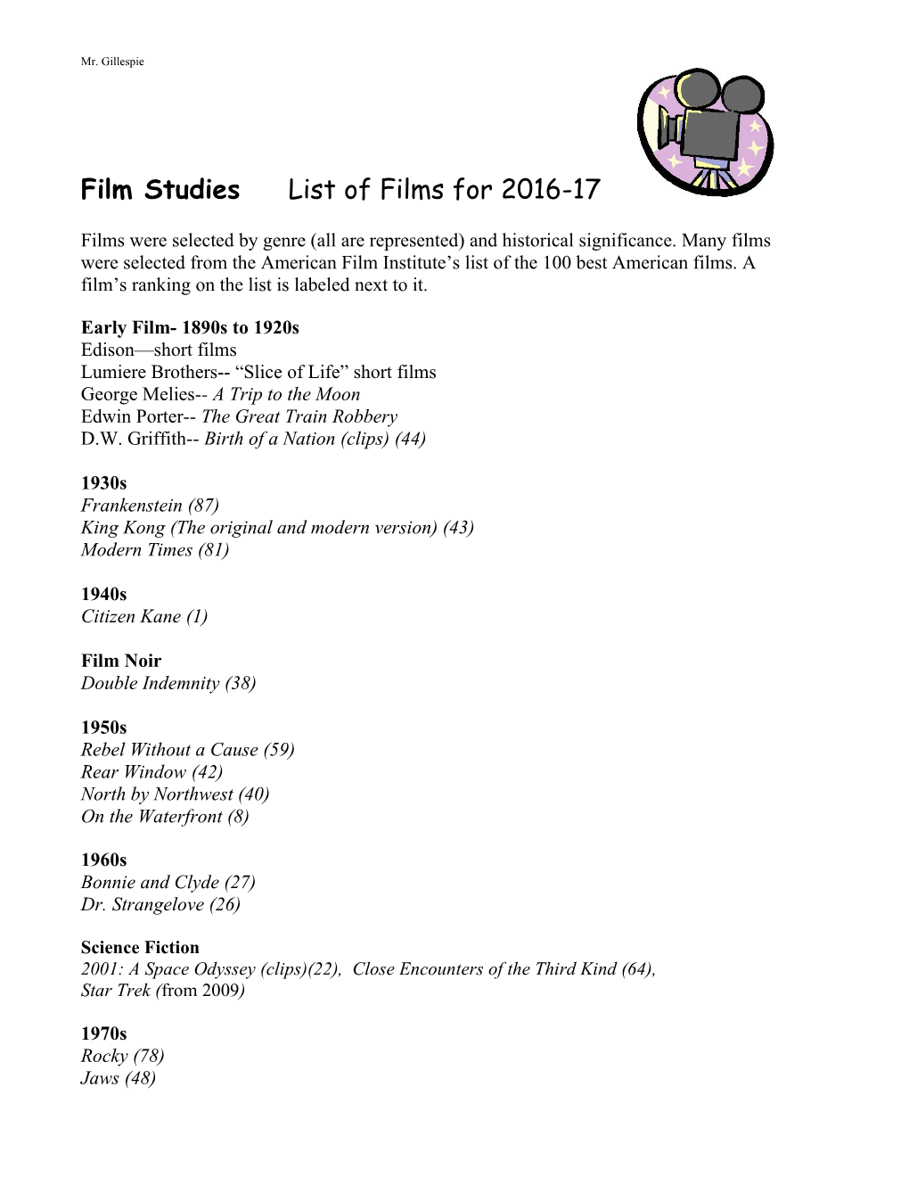 Film Studies Tentative List of Films for Spring 2005