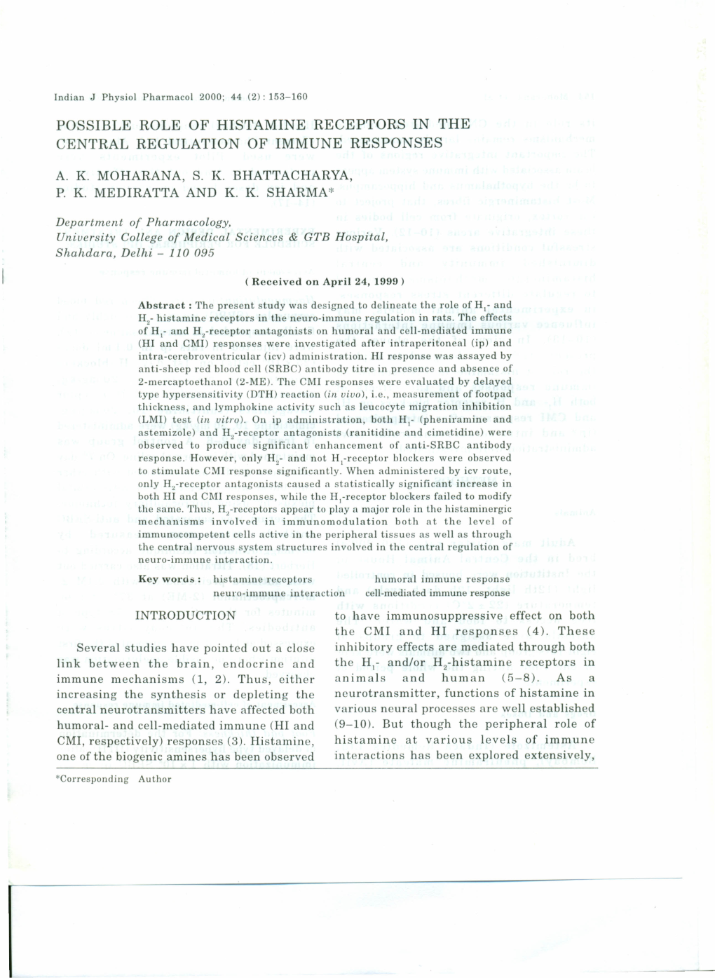 Possible Role of Histamine Receptors in the Central Regulation of Immune Responses