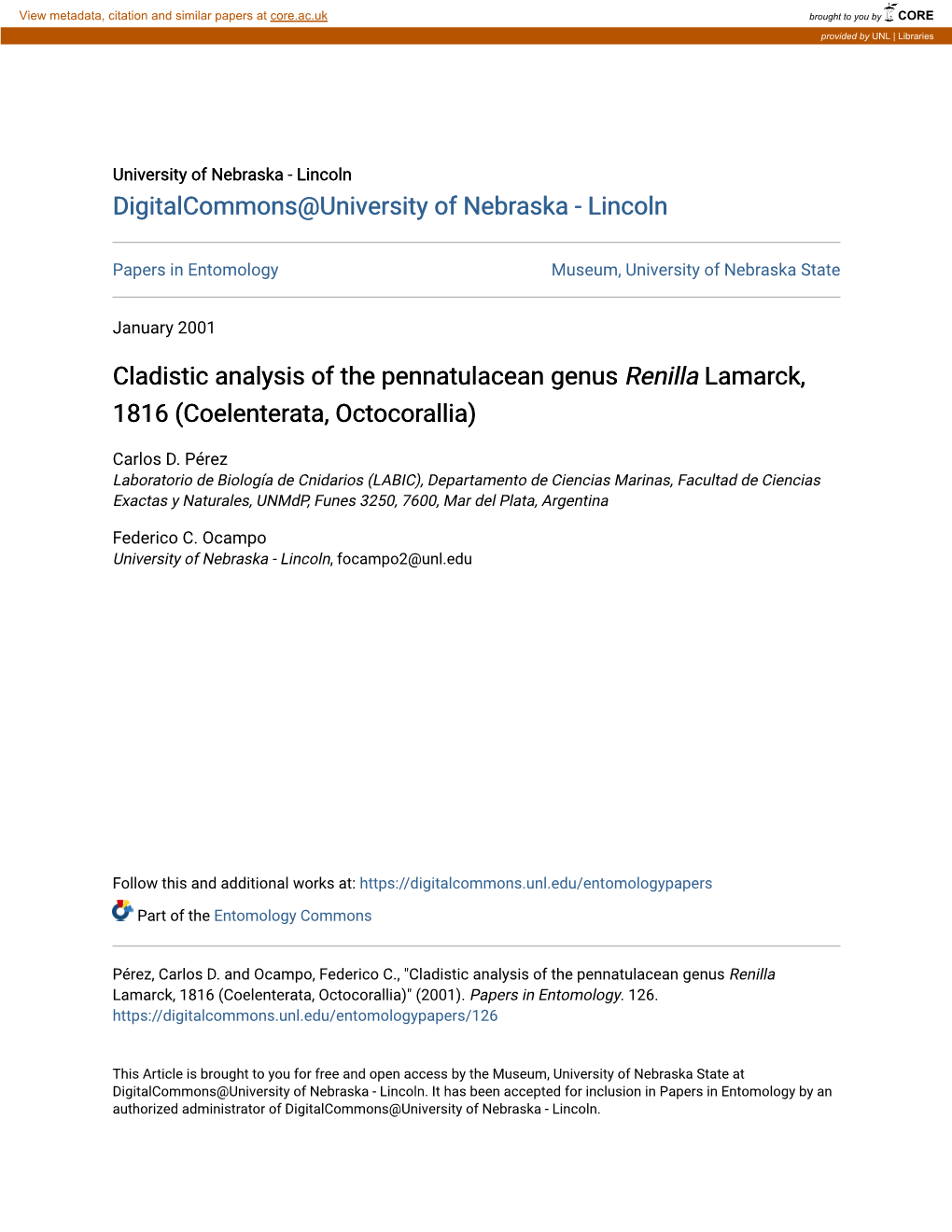 Cladistic Analysis of the Pennatulacean Genus &lt;I&gt;Renilla&lt;/I