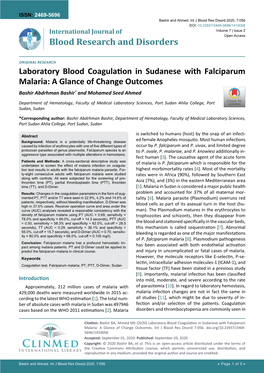 Laboratory Blood Coagulation in Sudanese with Falciparum Malaria: a Glance of Change Outcomes Bashir Abdrhman Bashir* and Mohamed Seed Ahmed