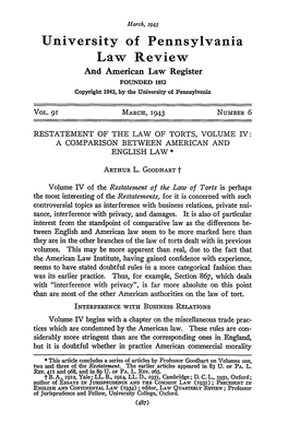 Restatement of the Law of Torts, Volume Iv: a Comparison Between American and English Law *