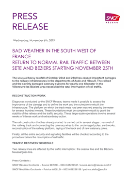 Bad Weather in the South West of France Return to Normal Rail Traffic Between Sete and Beziers Starting November 25Th