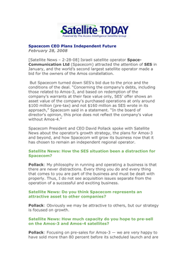 Spacecom CEO Plans Independent Future February 28, 2008 [Satellite