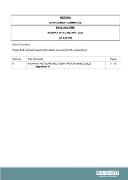 (Public Pack)Amendment to Appendix a Agenda Supplement for Environment Committee, 18/01/2021 18:00