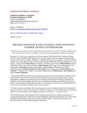 Michael Feinstein & the Pasadena Pops Announce Summer Artists and Programs
