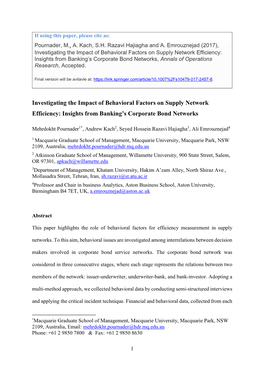 Investigating the Impact of Behavioral Factors on Supply Network Efficiency: Insights from Banking’S Corporate Bond Networks, Annals of Operations Research, Accepted