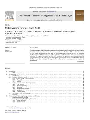 Metal Forming Progress Since 2000 CIRP Journal of Manufacturing