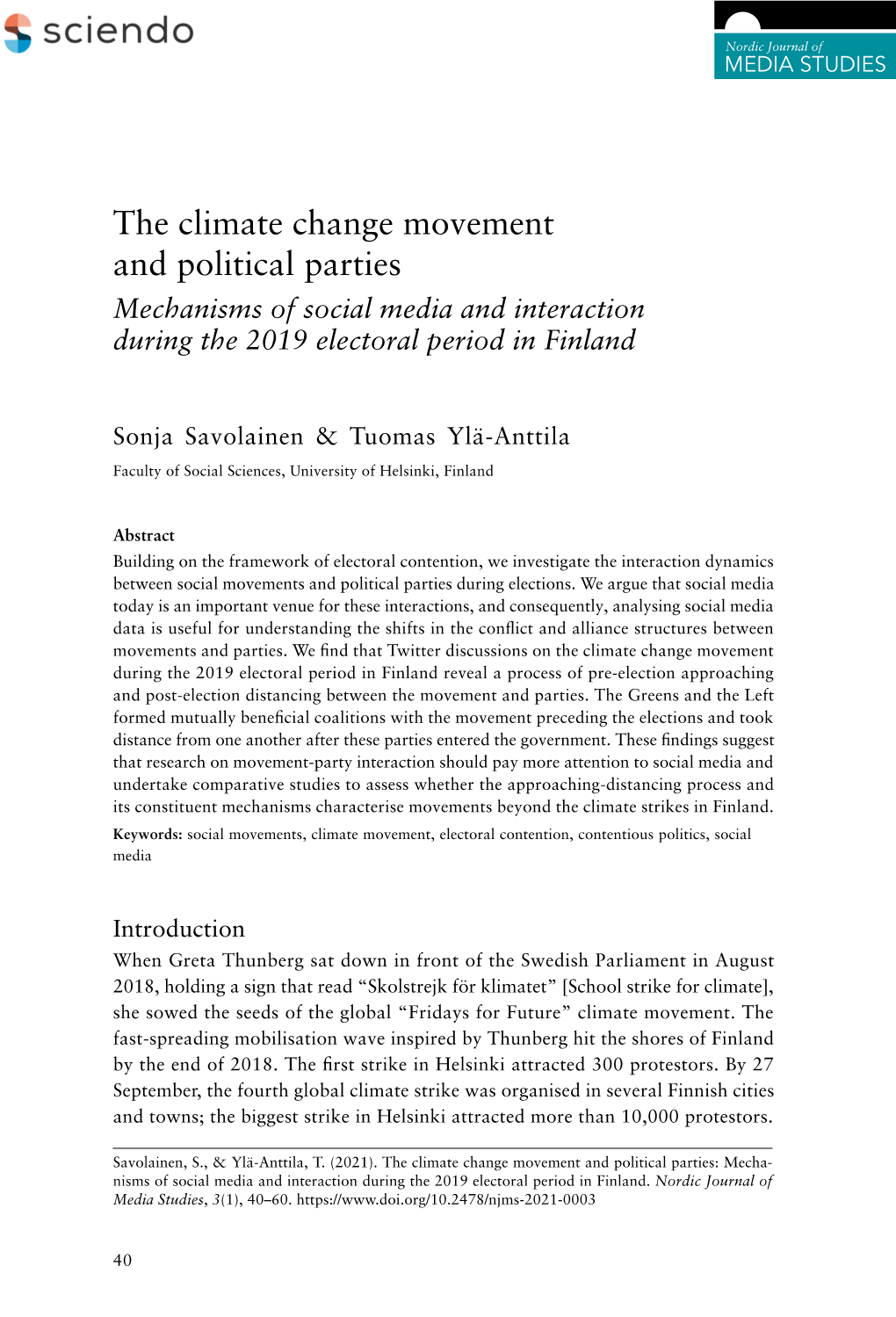 The Climate Change Movement and Political Parties Mechanisms of Social Media and Interaction During the 2019 Electoral Period in Finland