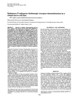 Substance P Enhances Cholinergic Receptor Desensitization in a Clonal Nerve Cell Line (22Na+ Uptake/Receptor Modulation/Histrionicotoxin/Local Anesthetics) WILLIAM B