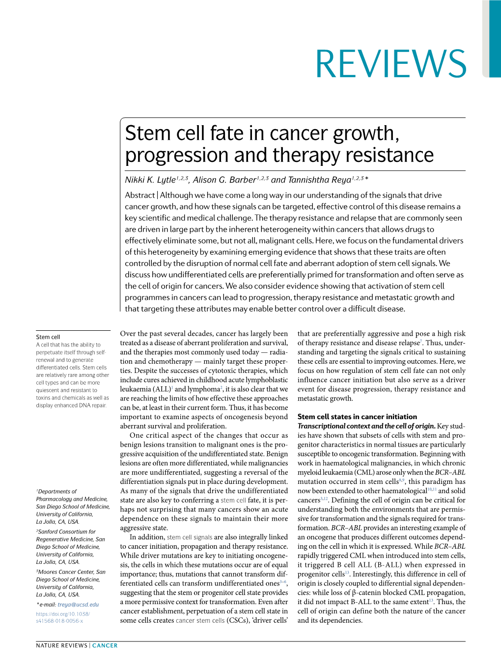 Stem Cell Fate in Cancer Growth, Progression and Therapy Resistance